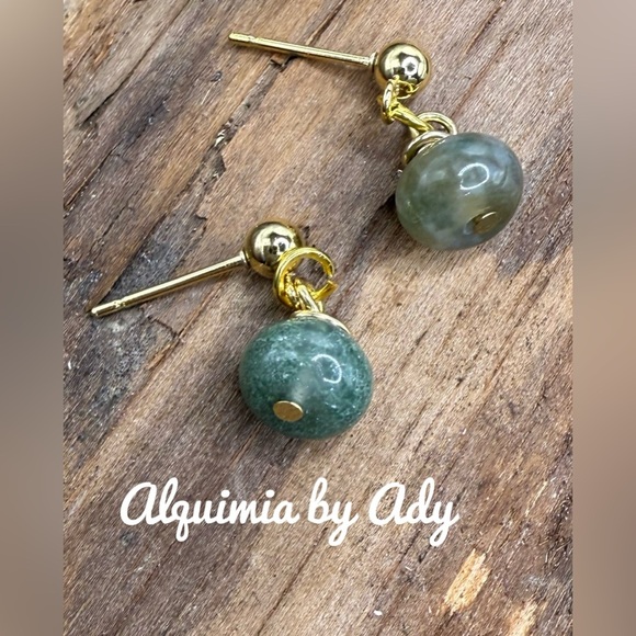 Moss agate minimalist dangle stud earrings - Picture 1 of 1